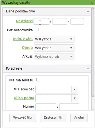 Widok okna wyszukiwania działek Widok okna wyszukiwania działek