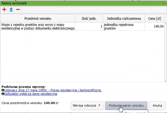Widok okna nowego wniosku Widok okna nowego wniosku