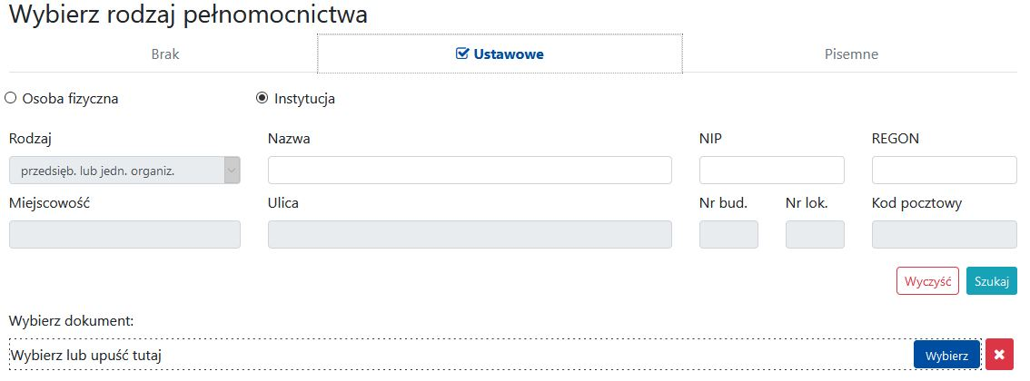 Widok opcji wyboru rodzaju pełnomocnictwa Widok opcji wyboru rodzaju pełnomocnictwa