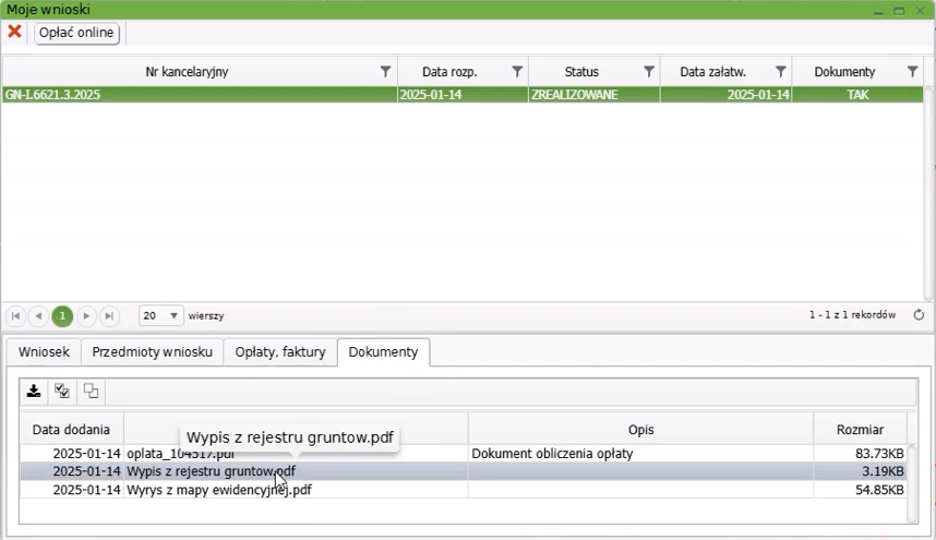 Widok okna: Moje wnioski z zakładką: Dokumenty Widok okna: Moje wnioski z zakładką: Dokumenty