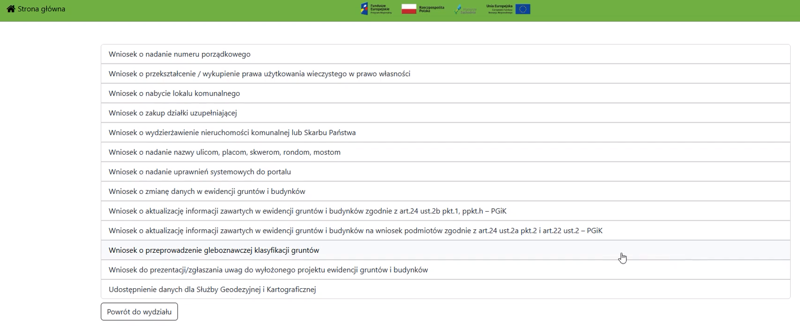 Widok strony z listą dostępnych wniosków Widok strony z listą dostępnych wniosków