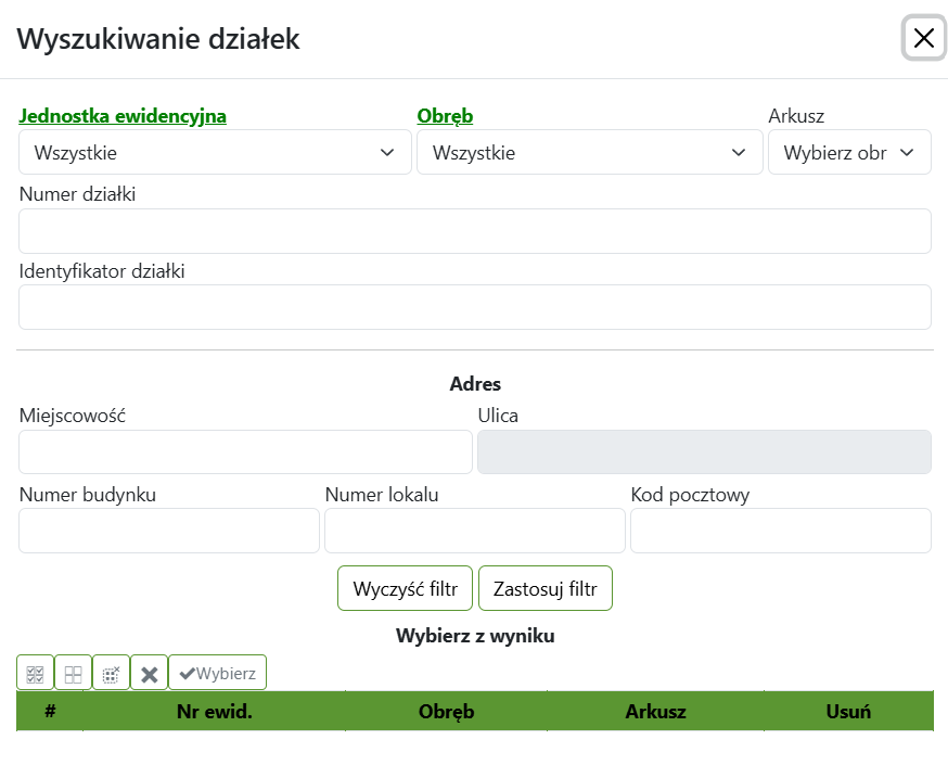 Widok okna wyszukiwania działek Widok okna wyszukiwania działek