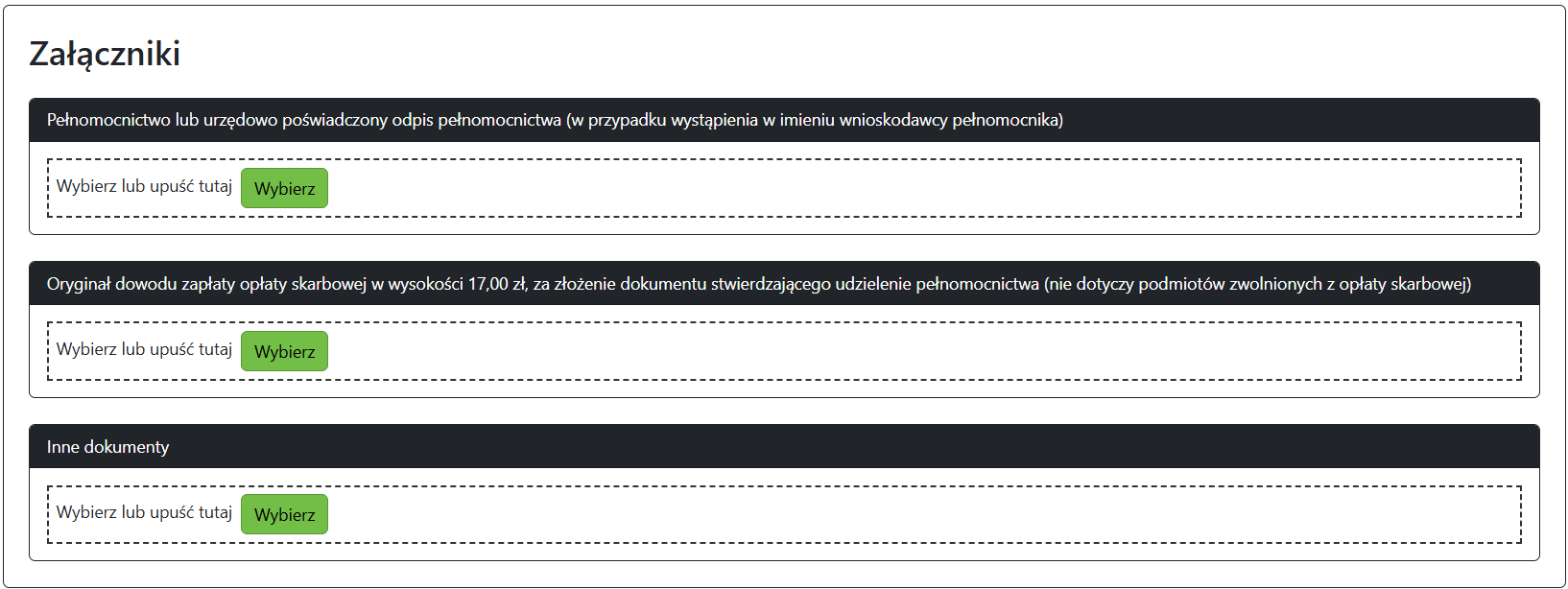 Widok pola do wprowadzania załączników Widok pola do wprowadzania załączników