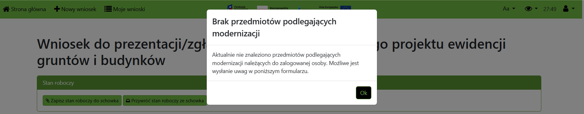 Widok komunikatu o braku przedmiotów podlegających modernizacji Widok komunikatu o braku przedmiotów podlegających modernizacji
