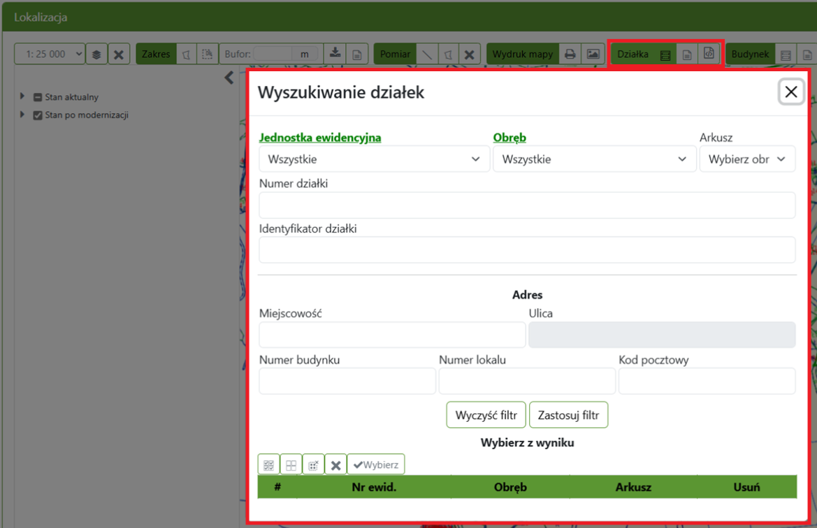 Widok okna wyszukiwania działek Widok okna wyszukiwania działek
