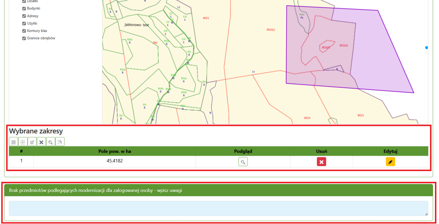 Widok listy wybranych zakresów i pola do wprowadzenia uwag Widok listy wybranych zakresów i pola do wprowadzenia uwag
