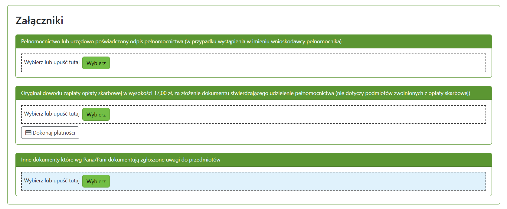Widok okna do wprowadzenia załączników Widok okna do wprowadzenia załączników