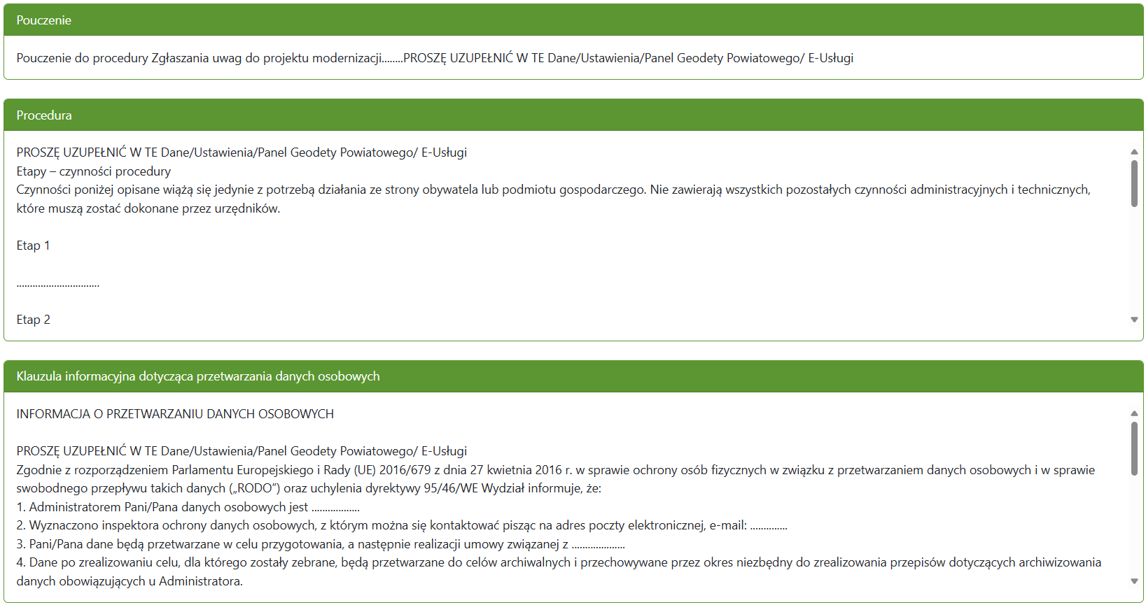 Widok okien z pouczeniem, procedurą i klauzulami Widok okien z pouczeniem, procedurą i klauzulami