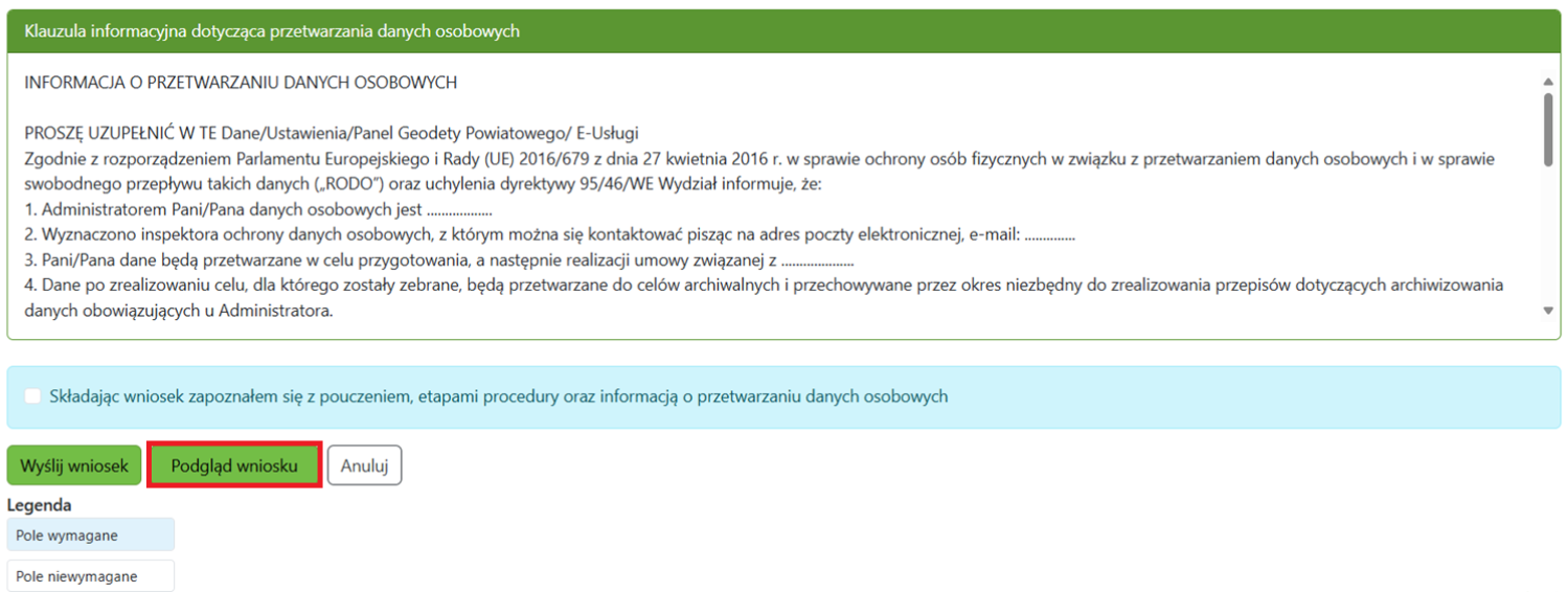 Widok okna wniosku z zaznaczoną opcją podglądu Widok okna wniosku z zaznaczoną opcją podglądu