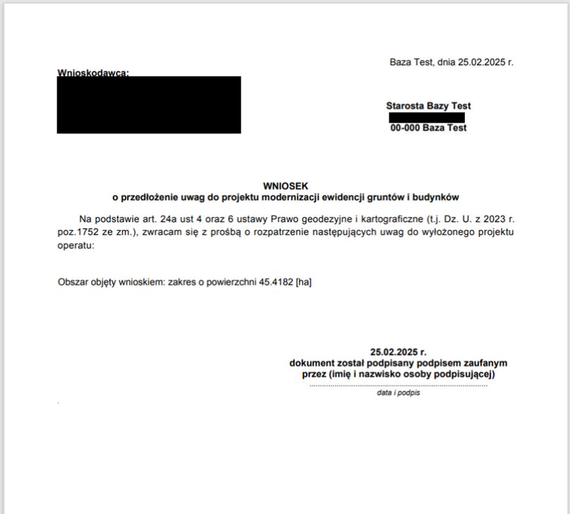 Podgląd wygenerowanego wniosku Podgląd wygenerowanego wniosku