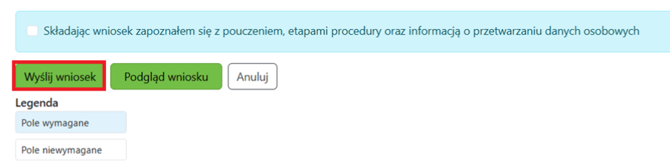 Widok okna wniosku z zaznaczoną opcją wysłania wniosku Widok okna wniosku z zaznaczoną opcją wysłania wniosku