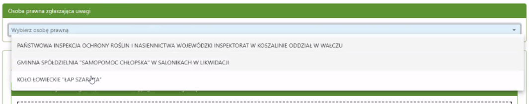 Widok okna z rozwijalną listą wyboru osób prawnych Widok okna z rozwijalną listą wyboru osób prawnych