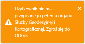 Widok komunikatu o braku przypisanego petenta organu Widok komunikatu o braku przypisanego petenta organu