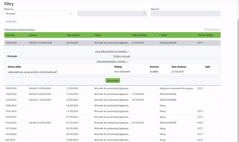 Widok listy załączonych dokumentów do wniosku Widok listy załączonych dokumentów do wniosku