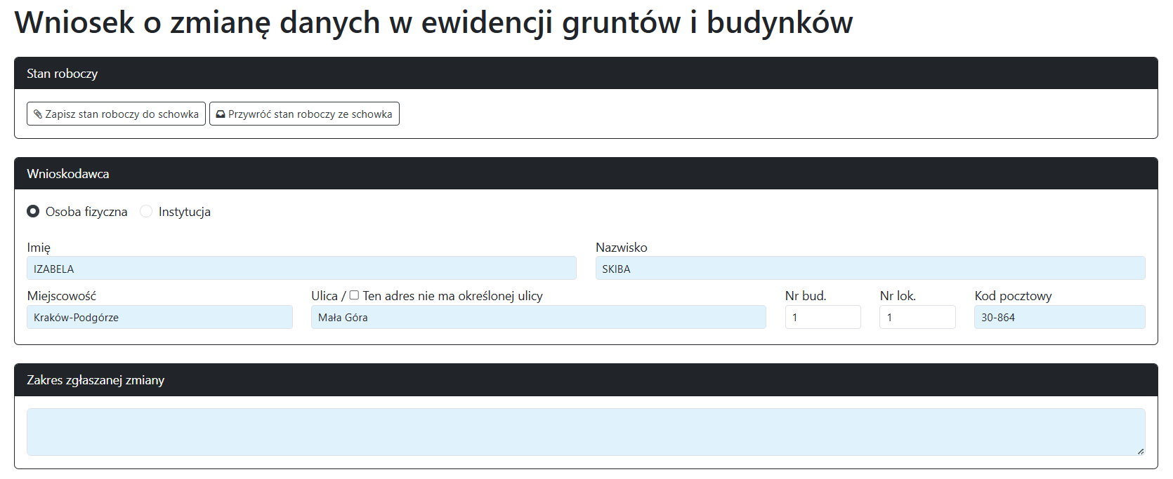 Widok części wniosku zgłoszenia zmiany danych Widok części wniosku zgłoszenia zmiany danych