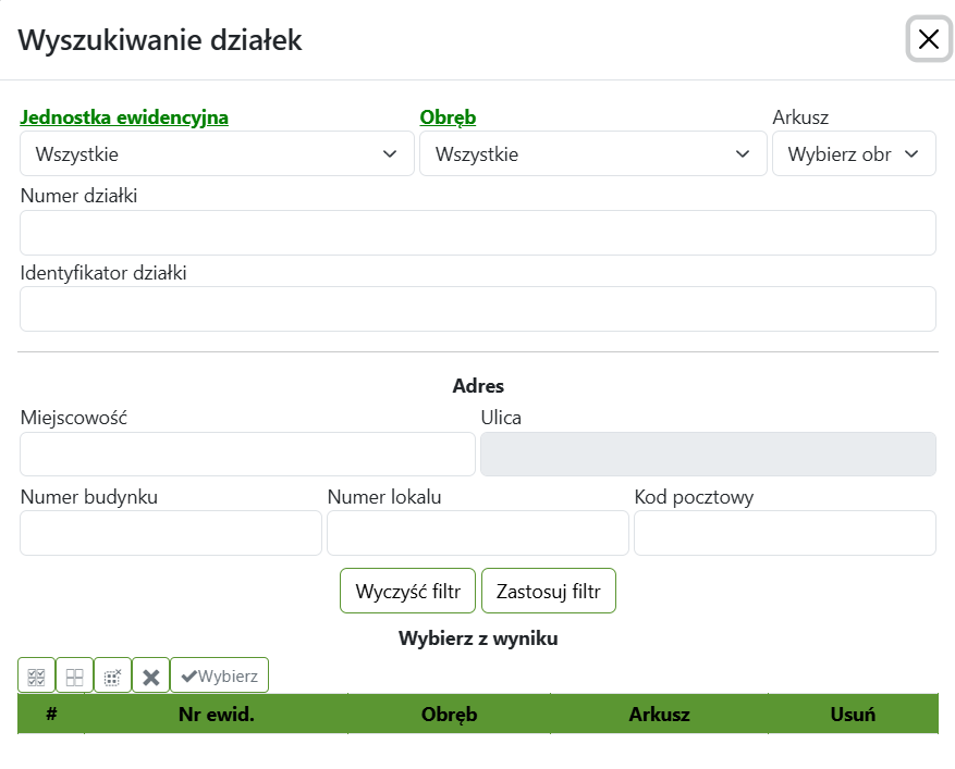 Widok okna wyszukiwania działek Widok okna wyszukiwania działek