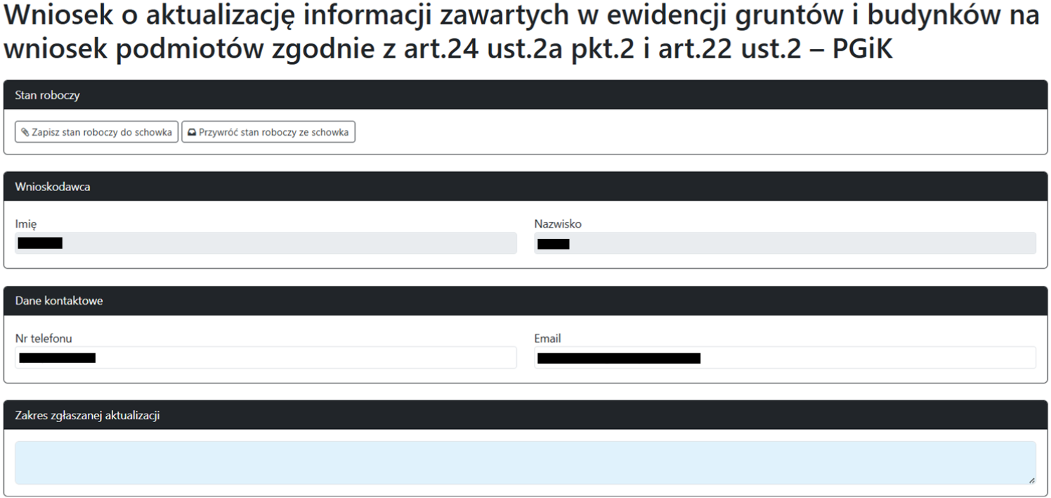 Widok części wniosku aktualizacyjnego Widok części wniosku aktualizacyjnego