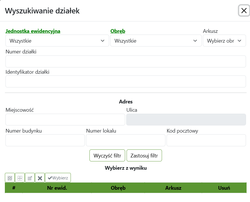 Widok okna wyszukiwania działek Widok okna wyszukiwania działek