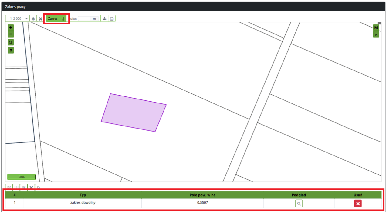 Widok okna zakresu pracy z zaznaczonym polem Widok okna zakresu pracy z zaznaczonym polem