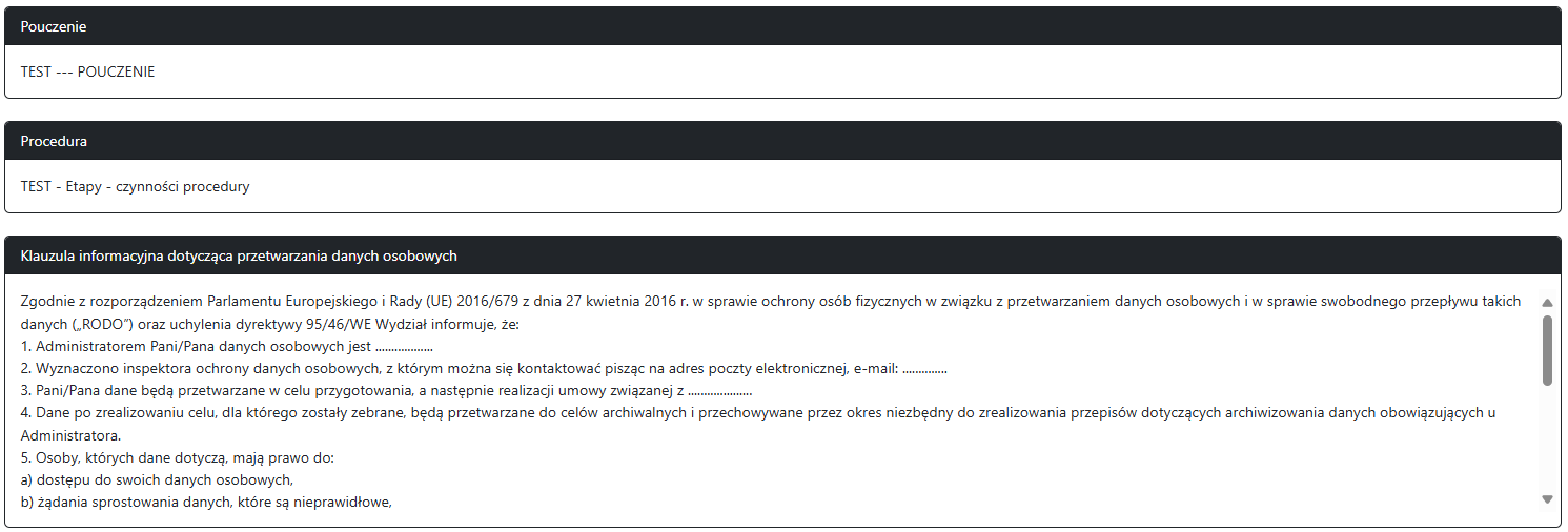 Widok okien z pouczeniem, procedurą i klauzulą informacyjną Widok okien z pouczeniem, procedurą i klauzulą informacyjną