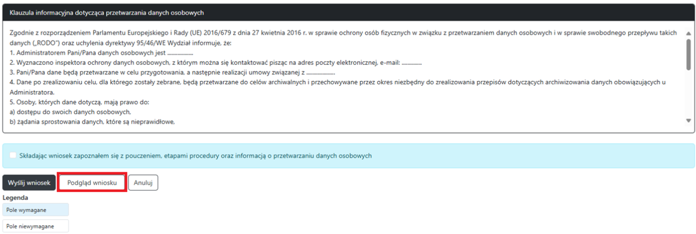 Widok okna wniosku z zaznaczoną opcją podglądu Widok okna wniosku z zaznaczoną opcją podglądu