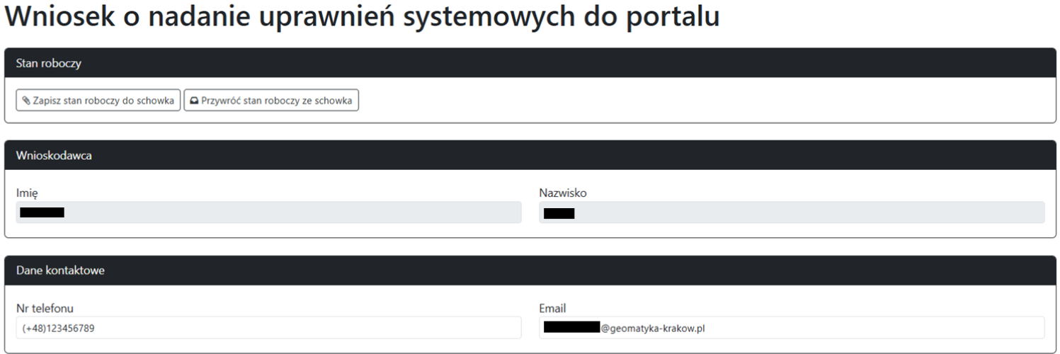 Widok części wniosku o nadanie uprawnień systemowych do portalu Widok części wniosku o nadanie uprawnień systemowych do portalu