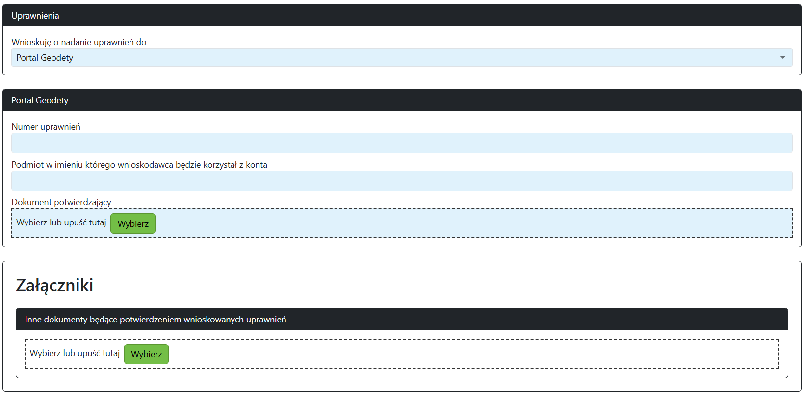 Widok części wniosku o nadanie uprawnień systemowych do portalu Widok części wniosku o nadanie uprawnień systemowych do portalu