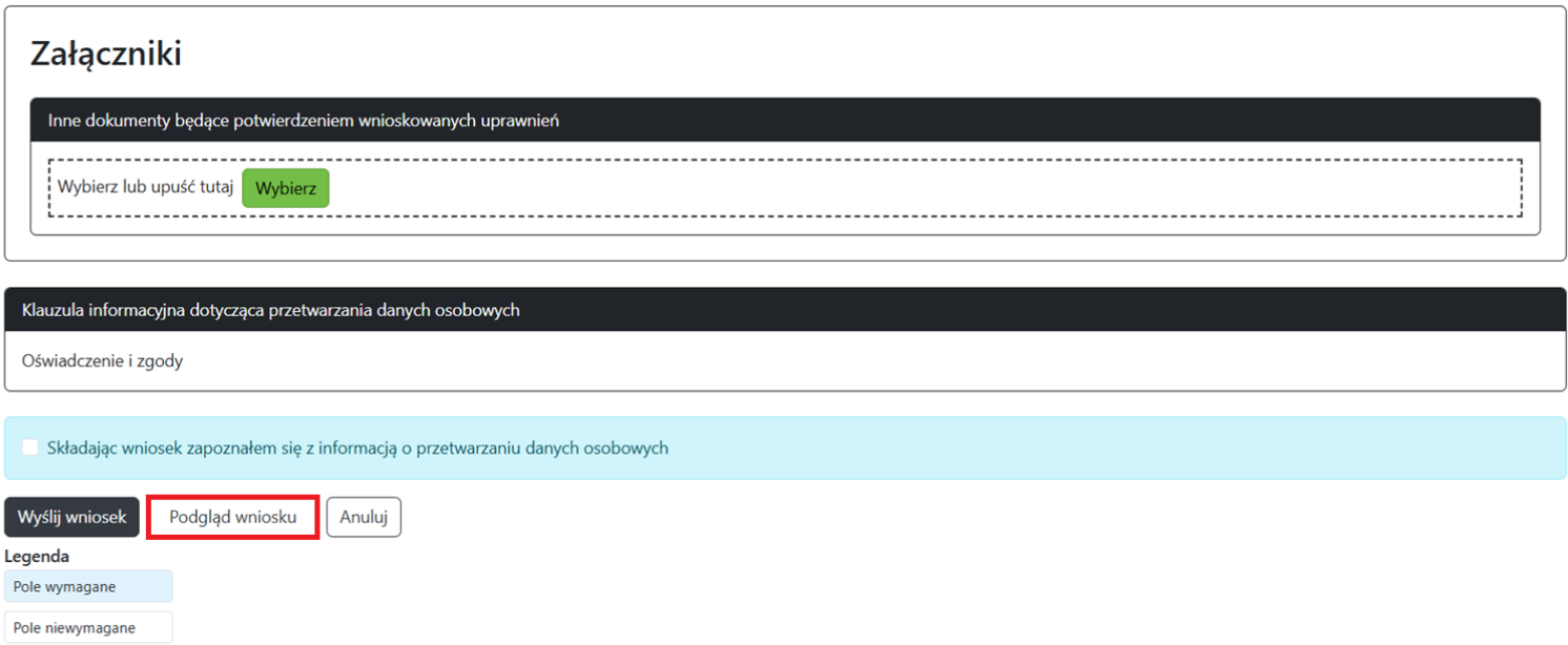 Widok okna wniosku z zaznaczoną opcją podglądu Widok okna wniosku z zaznaczoną opcją podglądu