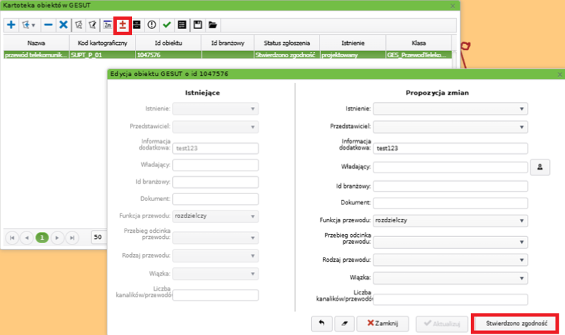Widok okna kartoteki i edycji obiektów GESUT Widok okna kartoteki i edycji obiektów GESUT