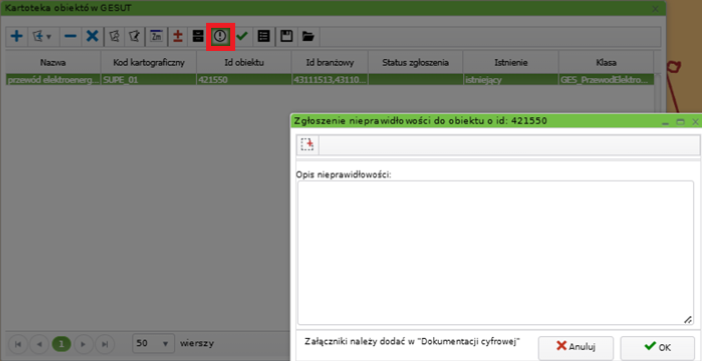 Widok okna zgłoszenia nieprawidłowości do obiektu Widok okna zgłoszenia nieprawidłowości do obiektu