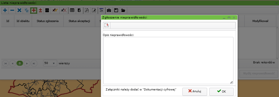 Widok okna listy nieprawidłowości oraz zgłaszania nieprawidłowości Widok okna listy nieprawidłowości oraz zgłaszania nieprawidłowości