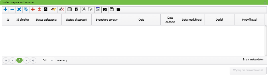 Widok okna listy nieprawidłowości Widok okna listy nieprawidłowości