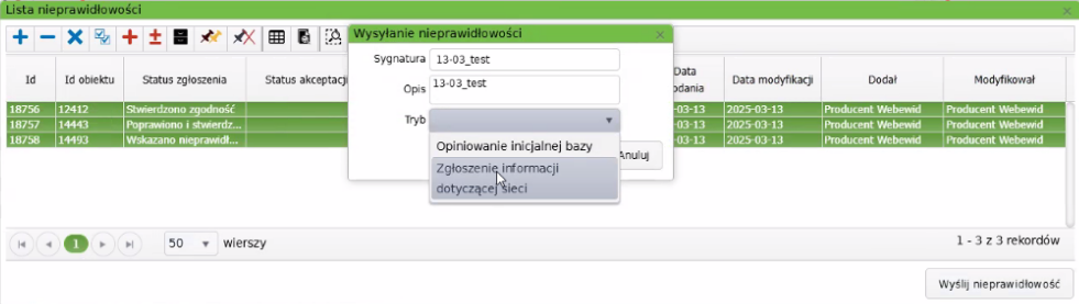 Widok okna listy nieprawidłowości Widok okna listy nieprawidłowości