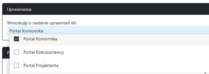 Widok pola uprawnień z rozwiniętą listą wyboru Widok pola uprawnień z rozwiniętą listą wyboru