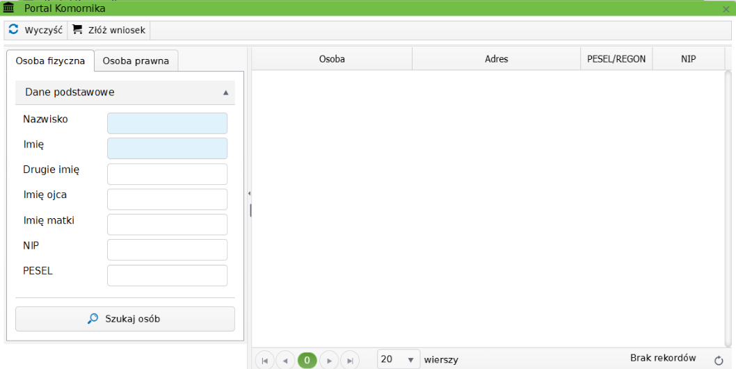 Widok okna wyszukiwania osoby fizycznej portalu komornika Widok okna wyszukiwania osoby fizycznej portalu komornika
