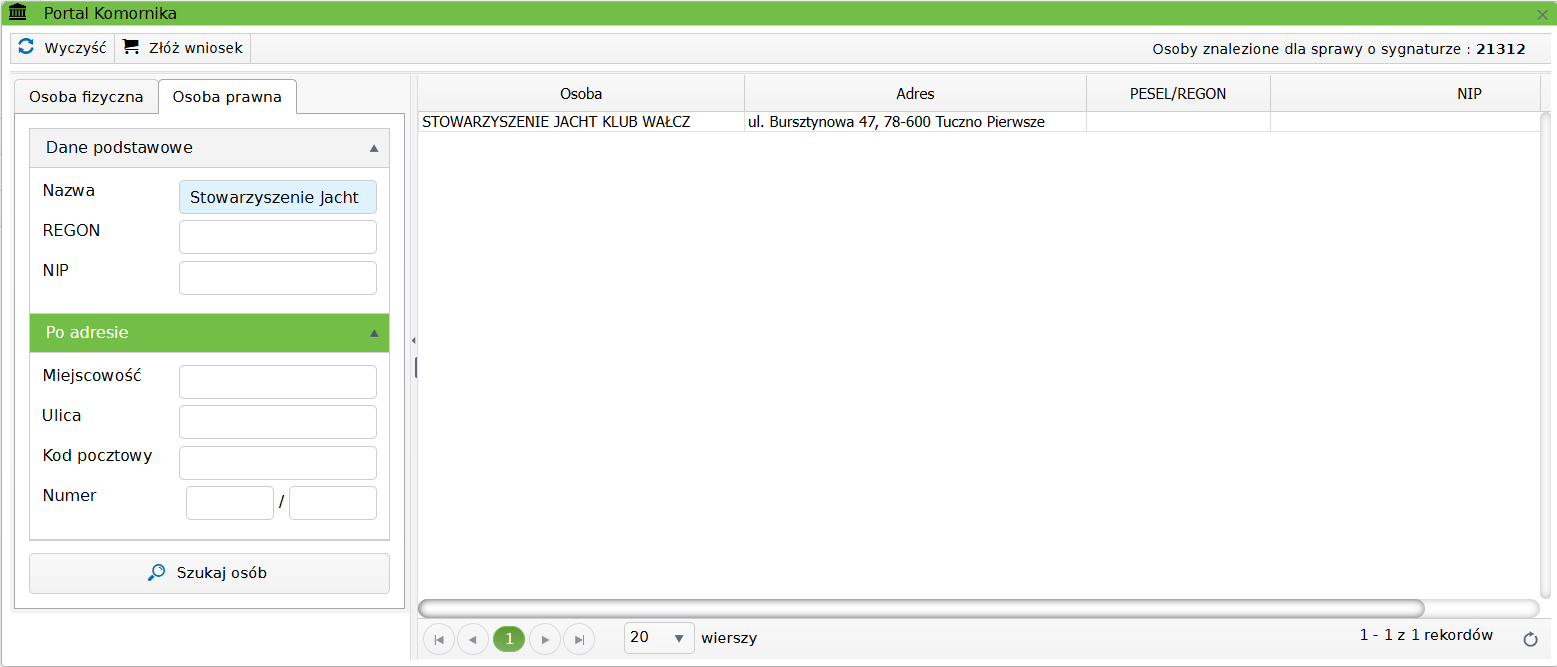 Widok okna wyszukiwania osoby prawnej portalu komornika Widok okna wyszukiwania osoby prawnej portalu komornika