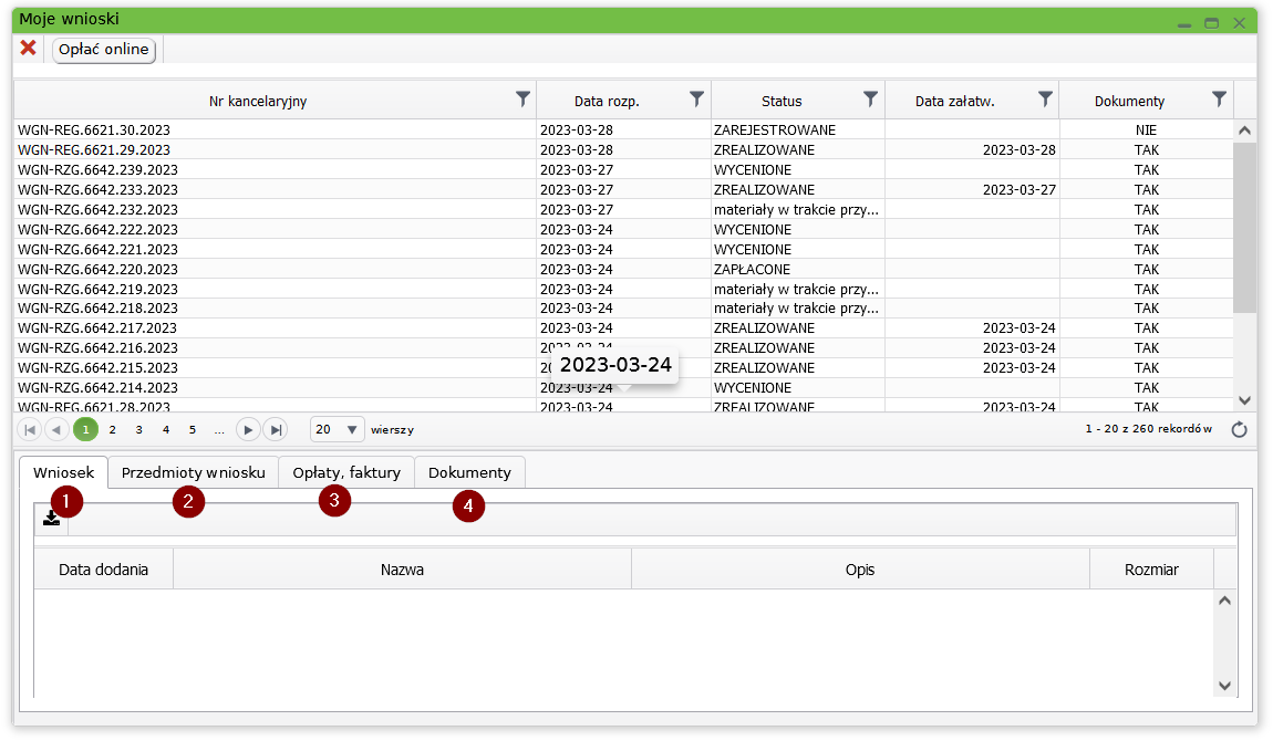 Widok okna z wylistowaną historią wniosków w zakładce dokumenty wychodzące Widok okna z wylistowaną historią wniosków w zakładce dokumenty wychodzące