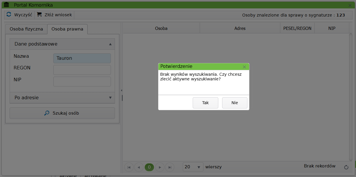 Widok okna portalu komornika z potwierdzeniem Widok okna portalu komornika z potwierdzeniem