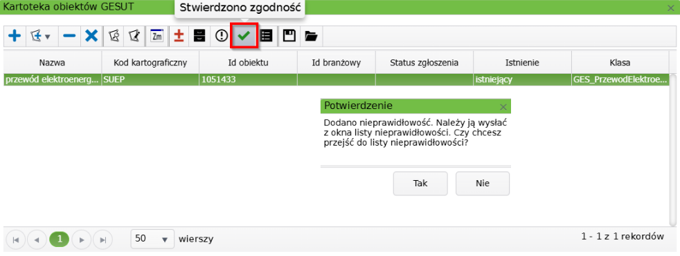 Widok okna kartoteki obiektów GESUT z potwierdzeniem zgodności Widok okna kartoteki obiektów GESUT z potwierdzeniem zgodności