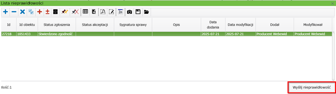 Widok okna listy nieprawidłowości Widok okna listy nieprawidłowości
