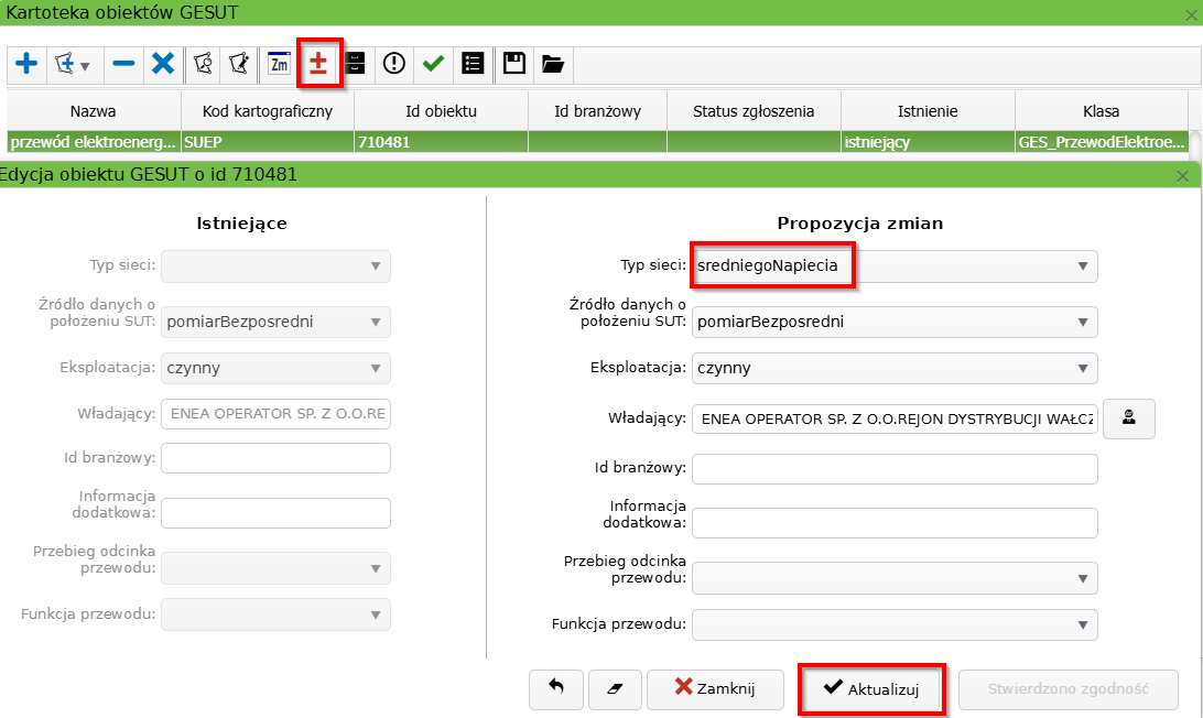 Widok okna kartoteki obiektów GESUT i okna edycji obiektu Widok okna kartoteki obiektów GESUT i okna edycji obiektu