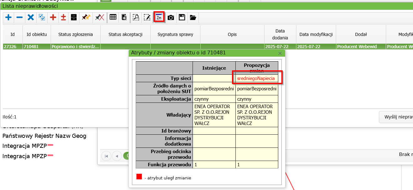 Widok okna listy z nieprawidłowościami i okna z atrybutami obiektu Widok okna listy z nieprawidłowościami i okna z atrybutami obiektu