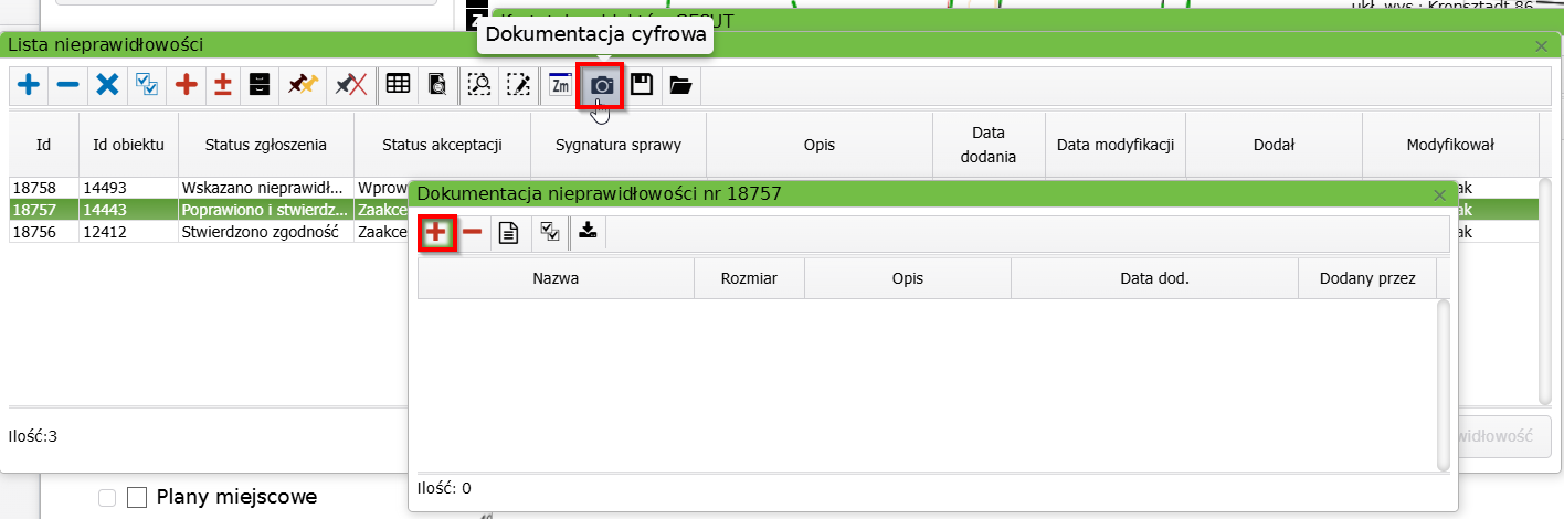 Widok okna listy nieprawidłowości i okna dokumentacji nieprawidłowości Widok okna listy nieprawidłowości i okna dokumentacji nieprawidłowości