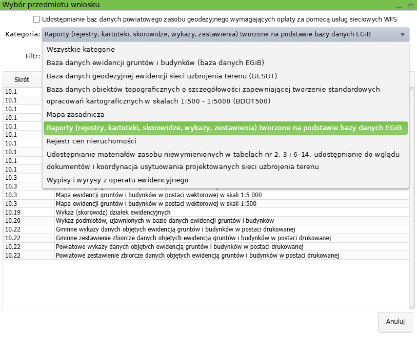 Widok okna wyboru przedmiotu wniosku Widok okna wyboru przedmiotu wniosku