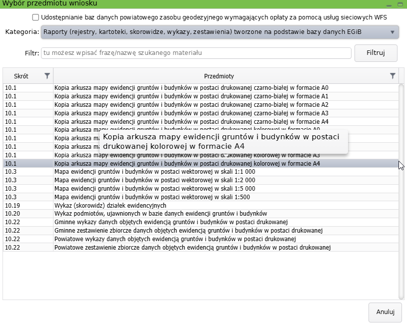 Widok okna wyboru przedmiotu wniosku Widok okna wyboru przedmiotu wniosku