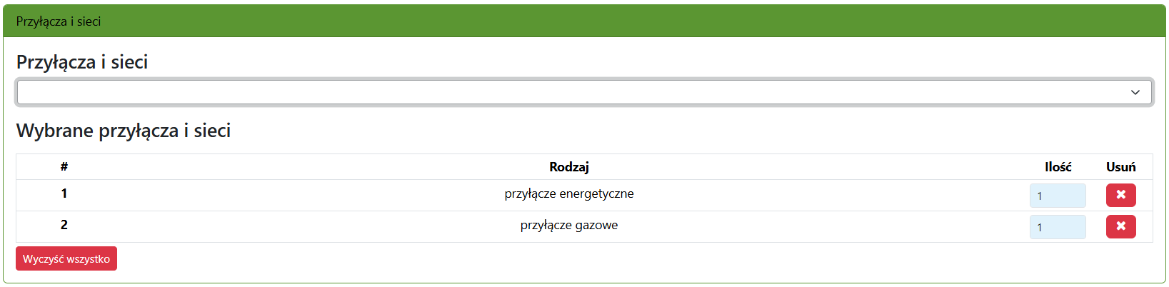 Widok fragmentu formularza z przyłączami i sieciami Widok fragmentu formularza z przyłączami i sieciami