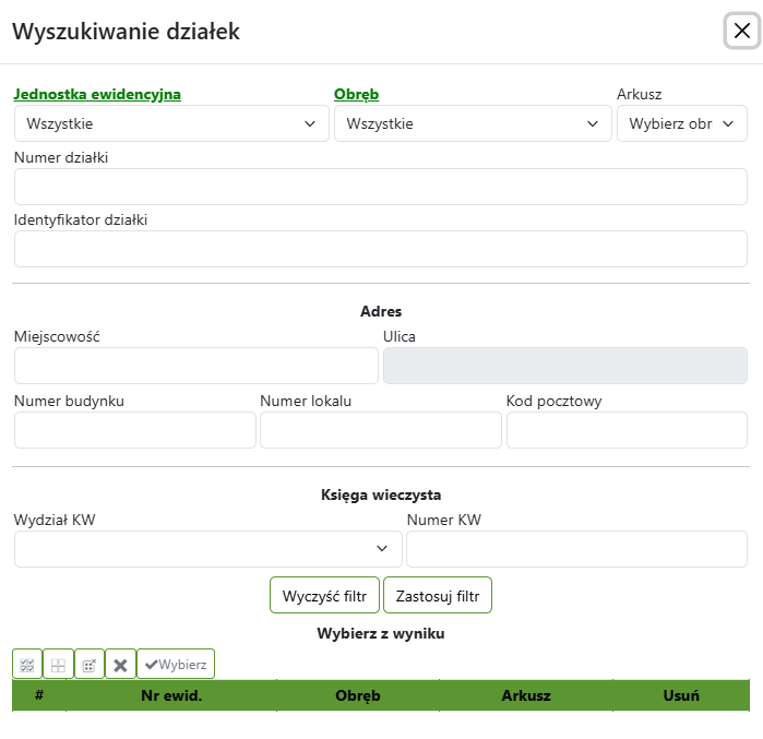 Widok okna selekcji działek Widok okna selekcji działek