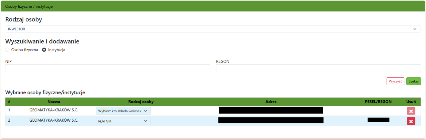 Widok fragmentu okna z danymi płatnika oraz inwestora Widok fragmentu okna z danymi płatnika oraz inwestora