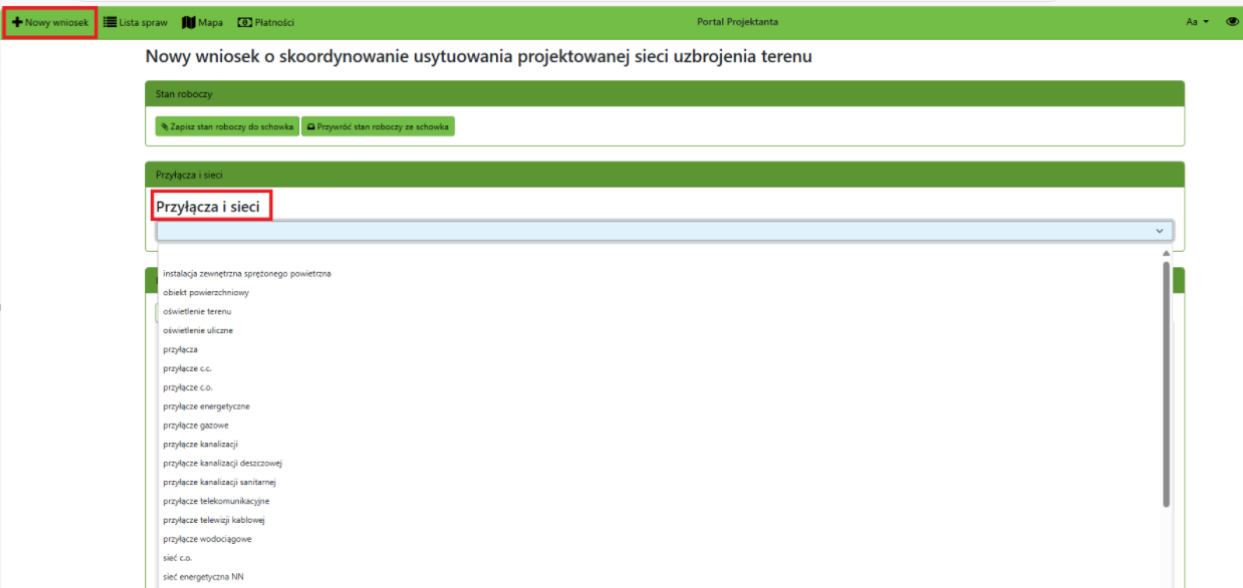 Widok rozwijalne listy wyboru przyłączy i sieci Widok rozwijalne listy wyboru przyłączy i sieci