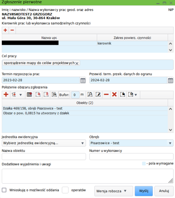 Widok okna zgłoszenia pierwotnego Widok okna zgłoszenia pierwotnego